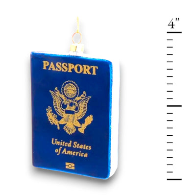 Personalized Glass Passport Christmas Ornament featuring a blue U.S. passport design with gold detailing.

