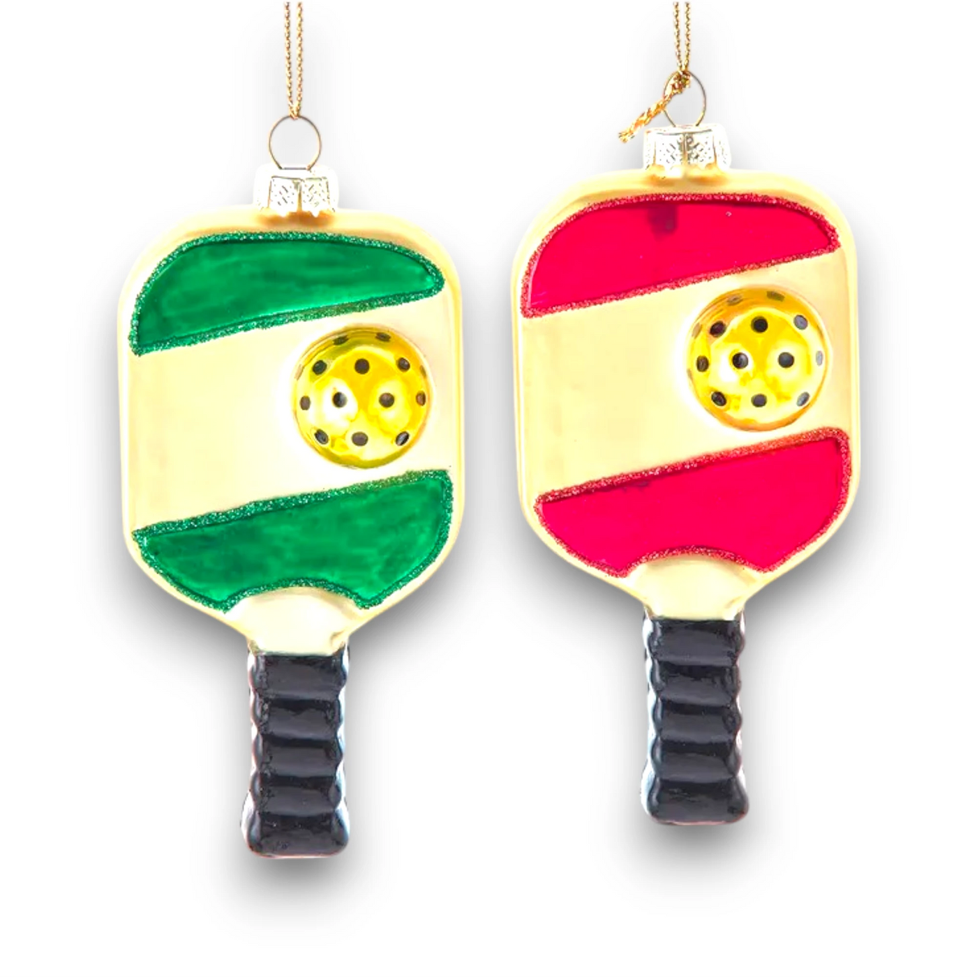 Personalized Glass Pickleball Christmas Ornament featuring colorful pickleball paddles with green or red accents, detailed pickleball, and a hanging loop for customization with a name and year.
