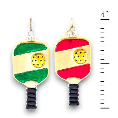 Personalized Glass Pickleball Christmas Ornament featuring colorful pickleball paddles with green or red accents, detailed pickleball, and a hanging loop for customization with a name and year.
