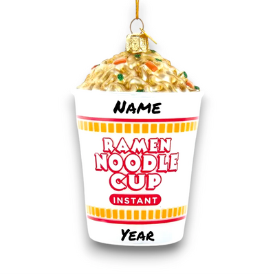 Personalized Glass Ramen Noodle Cup Christmas Ornament featuring a realistic cup of instant noodles with golden broth, vegetables, and custom personalization.
