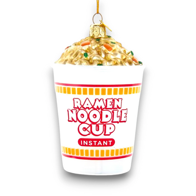 Personalized Glass Ramen Noodle Cup Christmas Ornament featuring a realistic cup of instant noodles with golden broth, vegetables, and custom personalization.
