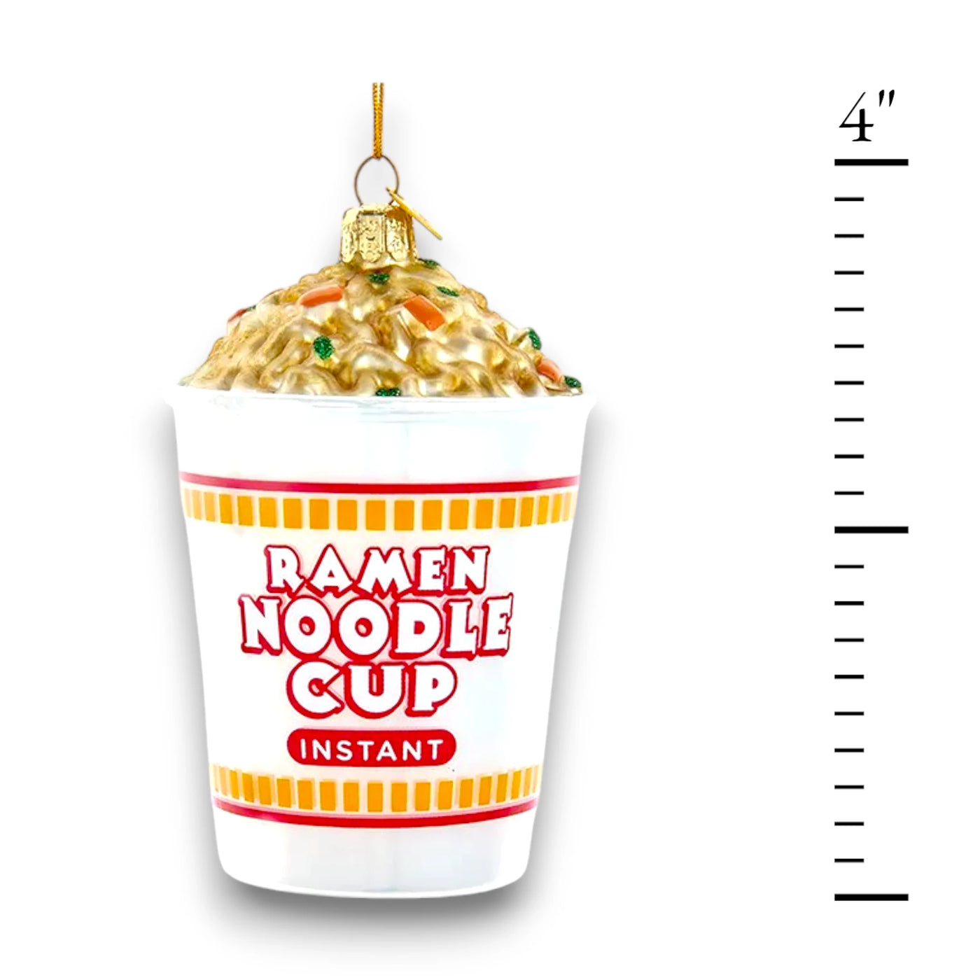 Personalized Glass Ramen Noodle Cup Christmas Ornament featuring a realistic cup of instant noodles with golden broth, vegetables, and custom personalization.
