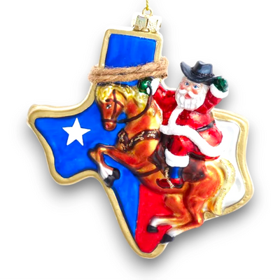 Personalized Glass Texas Santa Christmas Ornament featuring a cowboy Santa on horseback with the Texas state flag design.

