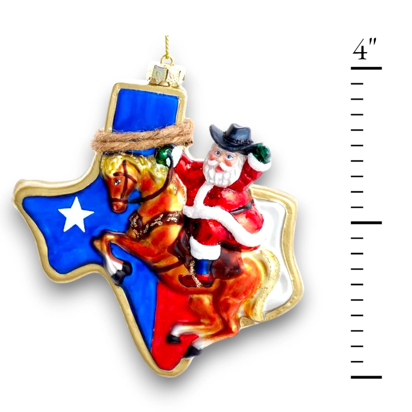 Personalized Glass Texas Santa Christmas Ornament featuring a cowboy Santa on horseback with the Texas state flag design.
