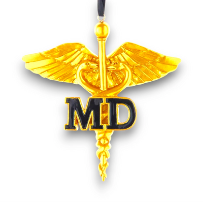 Personalized Gold Caduceus Doctor MD Christmas Ornament featuring the gold caduceus symbol with bold black "MD" letters, customizable with name and year.
