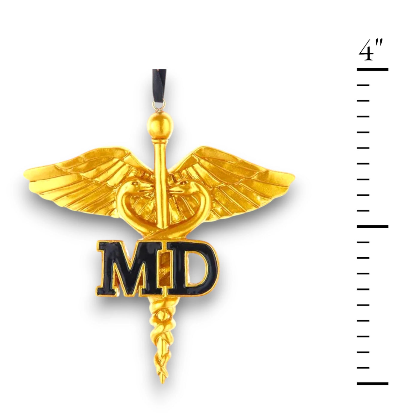 Personalized Gold Caduceus Doctor MD Christmas Ornament featuring the gold caduceus symbol with bold black "MD" letters, customizable with name and year.
