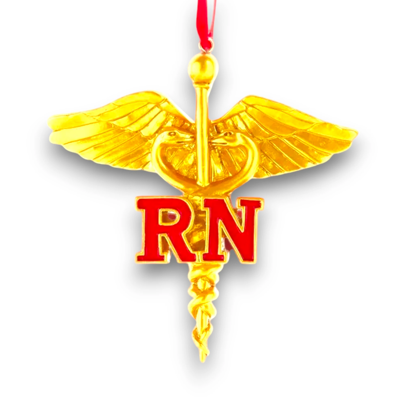 Personalized Gold Caduceus Nurse RN Christmas Ornament featuring the gold caduceus symbol with a red "RN" emblem, customizable with name and year.
