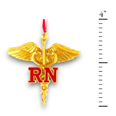 Personalized Gold Caduceus Nurse RN Christmas Ornament featuring the gold caduceus symbol with a red "RN" emblem, customizable with name and year.
