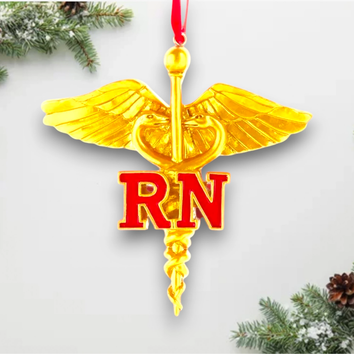 Personalized Gold Caduceus Nurse RN Christmas Ornament featuring the gold caduceus symbol with a red "RN" emblem, customizable with name and year.

