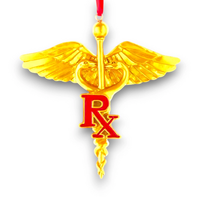 Personalized Gold Caduceus Pharmacist Christmas Ornament featuring the gold caduceus symbol with a red "Rx" insignia, customizable with name and year.
