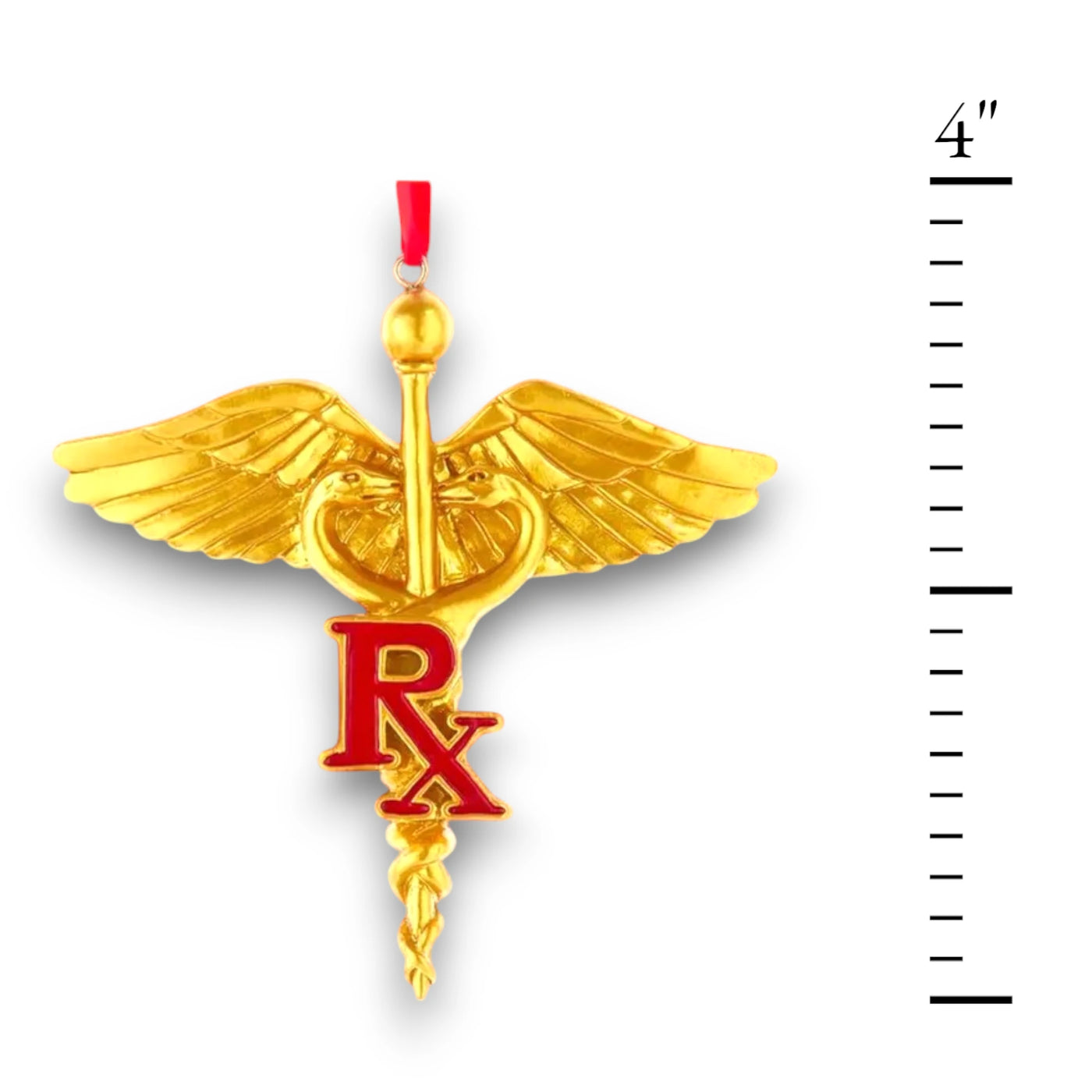 Personalized Gold Caduceus Pharmacist Christmas Ornament featuring the gold caduceus symbol with a red "Rx" insignia, customizable with name and year.
