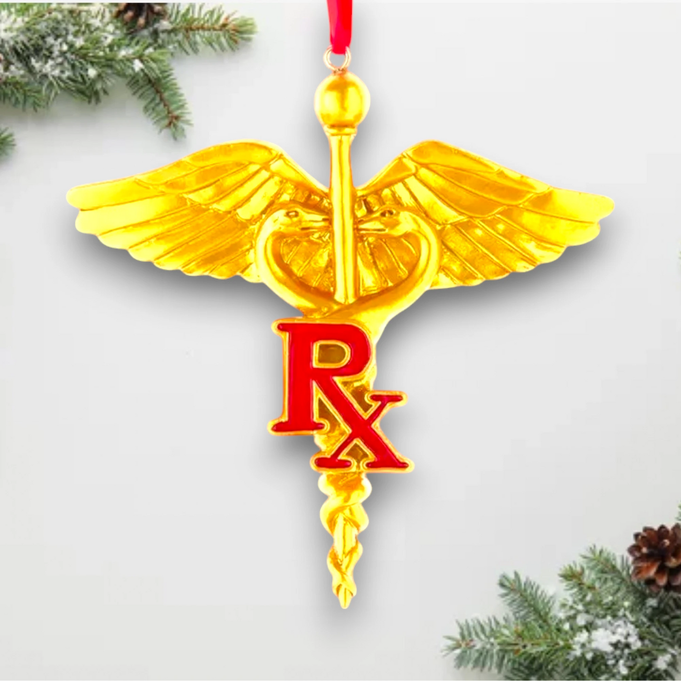 Personalized Gold Caduceus Pharmacist Christmas Ornament featuring the gold caduceus symbol with a red "Rx" insignia, customizable with name and year.

