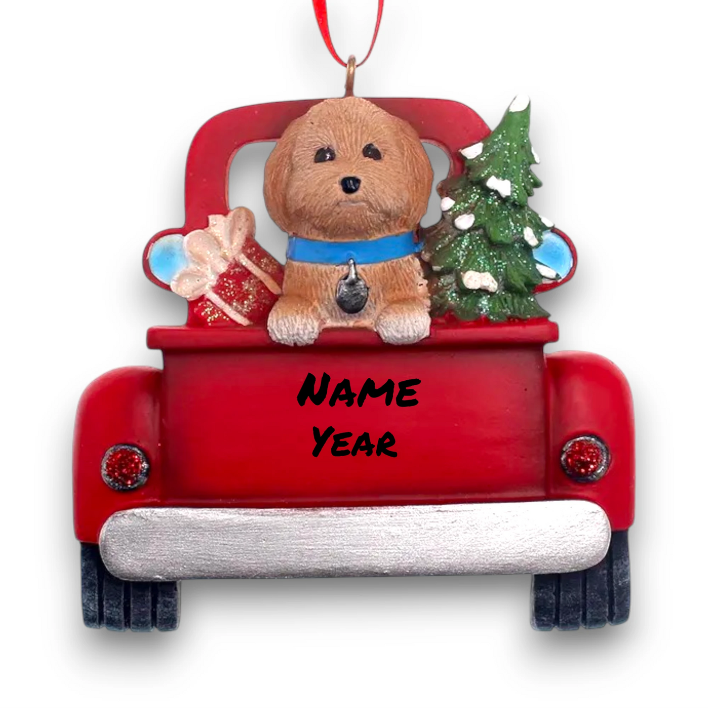 Personalized Goldendoodle In Back Of Truck Christmas Ornament featuring a Goldendoodle, festive Christmas tree, and holiday gifts in a red truck with customizable name and year.