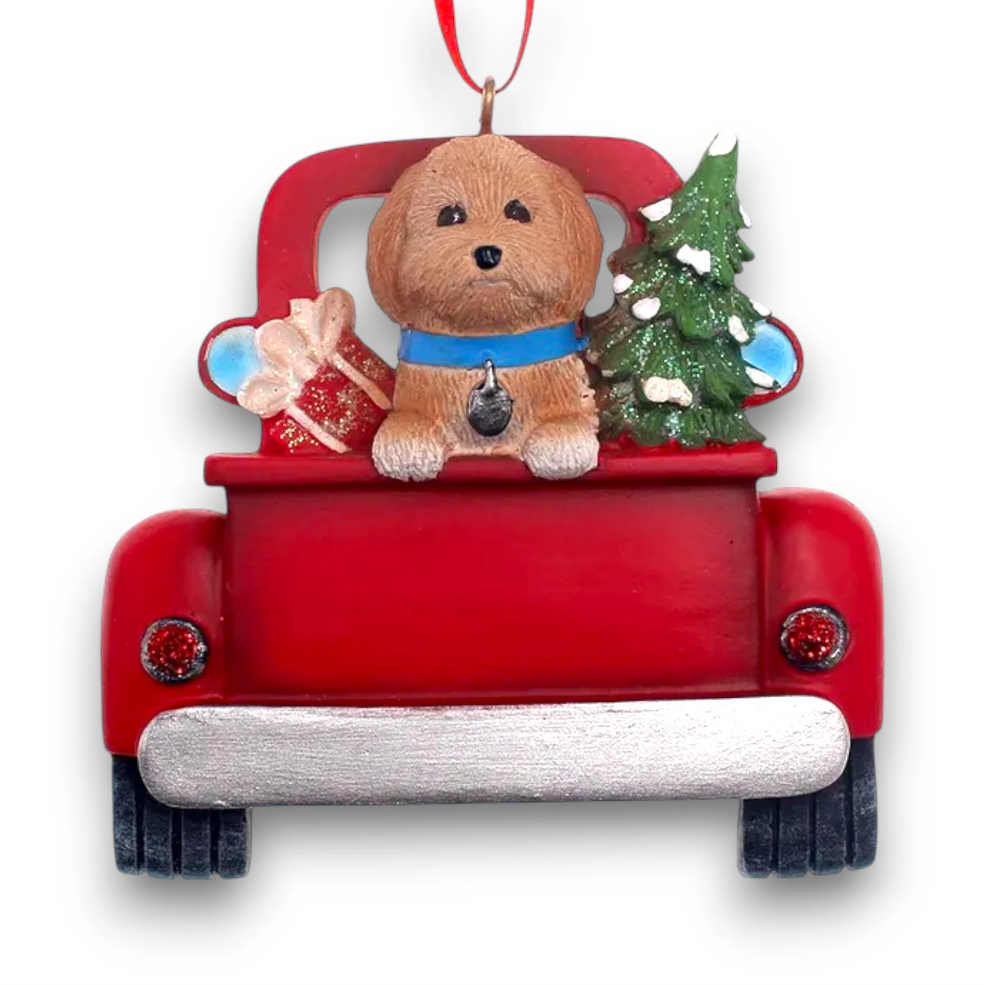 Personalized Goldendoodle In Back Of Truck Christmas Ornament featuring a Goldendoodle, festive Christmas tree, and holiday gifts in a red truck with customizable name and year.