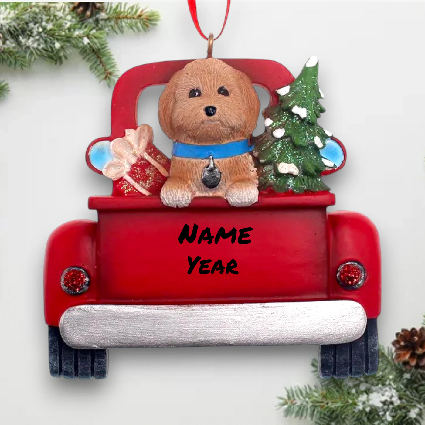 Personalized Goldendoodle In Back Of Truck Christmas Ornament featuring a Goldendoodle, festive Christmas tree, and holiday gifts in a red truck with customizable name and year.