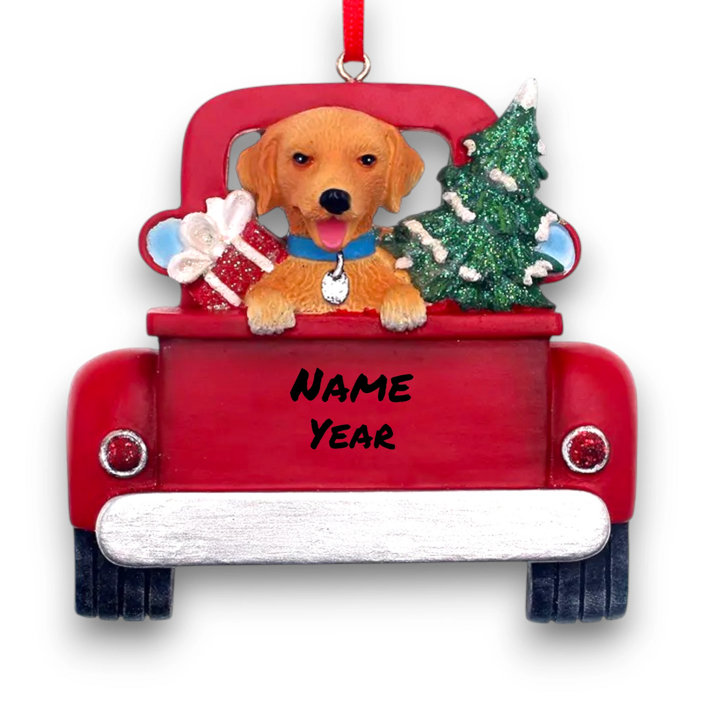 Personalized Golden Retriever In Back Of Truck Christmas Ornament featuring a Golden Retriever, Christmas tree, and holiday gifts in a red truck with customizable name and year.