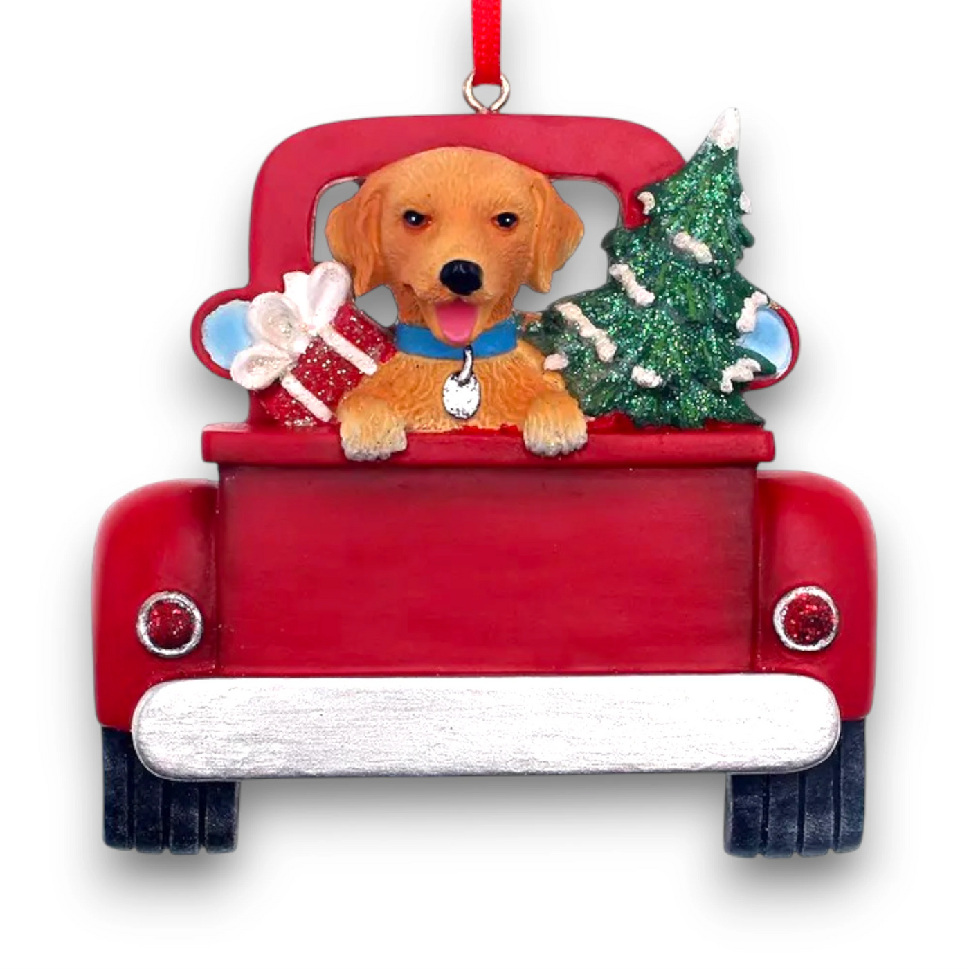 Personalized Golden Retriever In Back Of Truck Christmas Ornament featuring a Golden Retriever, Christmas tree, and holiday gifts in a red truck with customizable name and year.