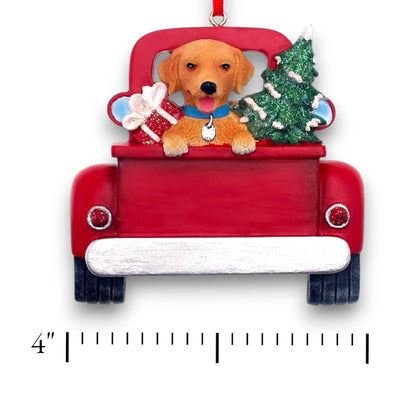 Personalized Golden Retriever In Back Of Truck Christmas Ornament featuring a Golden Retriever, Christmas tree, and holiday gifts in a red truck with customizable name and year.