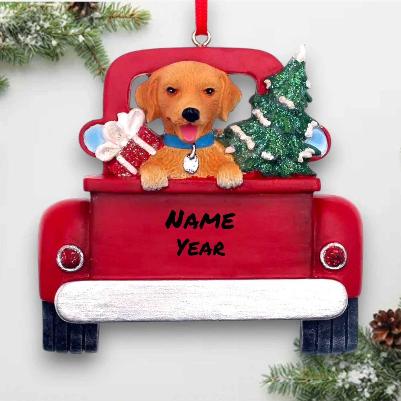 Personalized Golden Retriever In Back Of Truck Christmas Ornament featuring a Golden Retriever, Christmas tree, and holiday gifts in a red truck with customizable name and year.