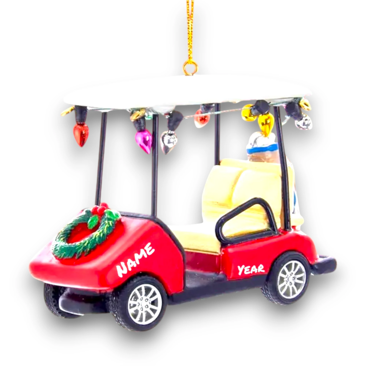 Personalized Golf Cart With Wreath Christmas Ornament featuring a red golf cart decorated with a wreath, colorful lights, and space for a name and year customization.