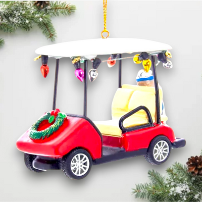 Personalized Golf Cart With Wreath Christmas Ornament featuring a red golf cart decorated with a wreath, colorful lights, and space for a name and year customization.