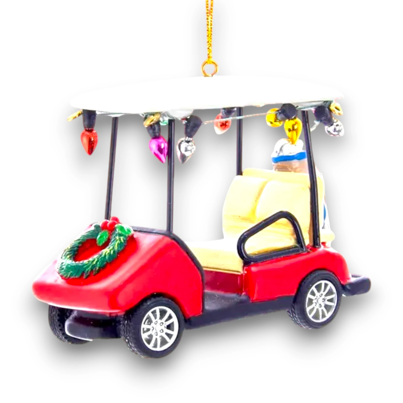 Personalized Golf Cart With Wreath Christmas Ornament featuring a red golf cart decorated with a wreath, colorful lights, and space for a name and year customization.