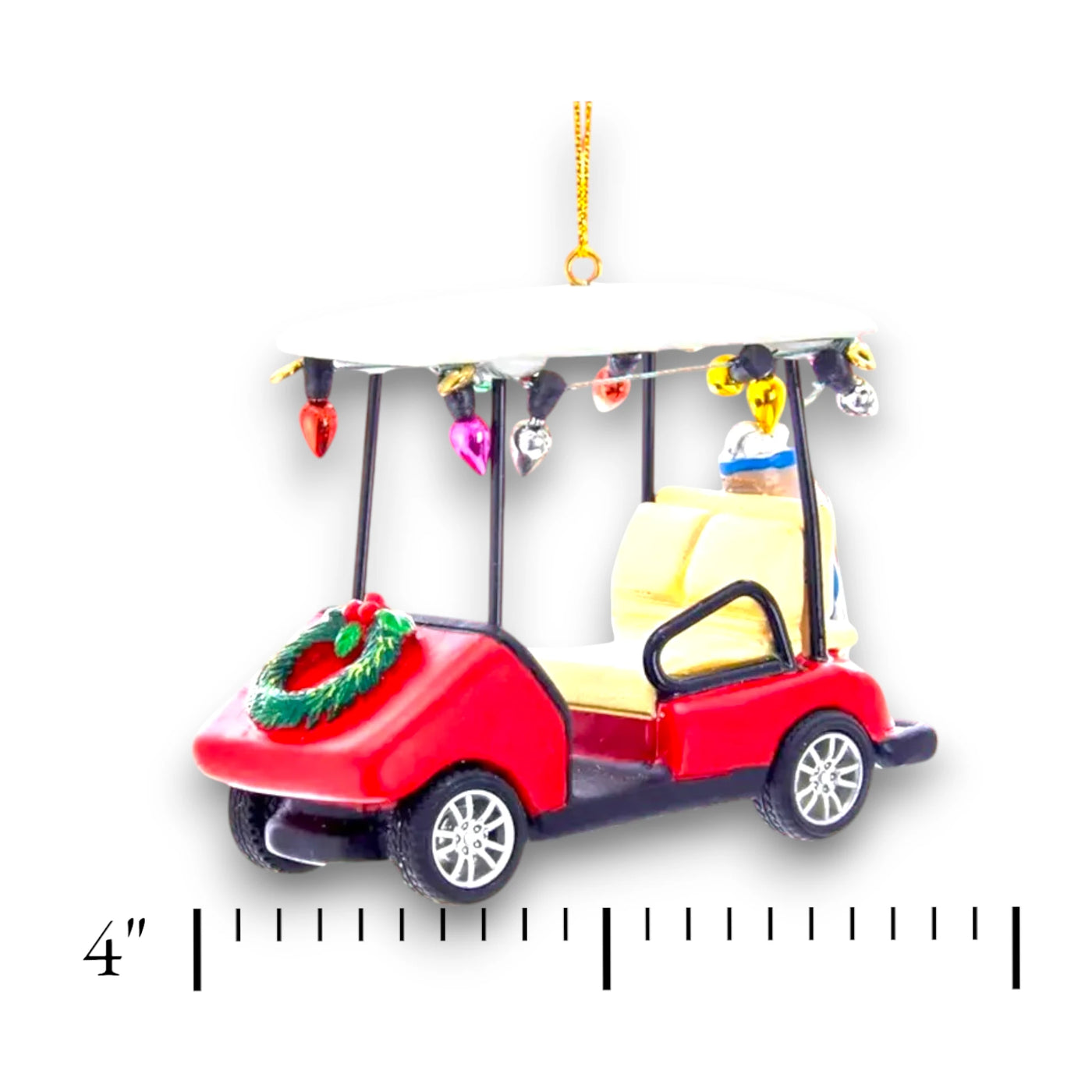 Personalized Golf Cart With Wreath Christmas Ornament featuring a red golf cart decorated with a wreath, colorful lights, and space for a name and year customization.