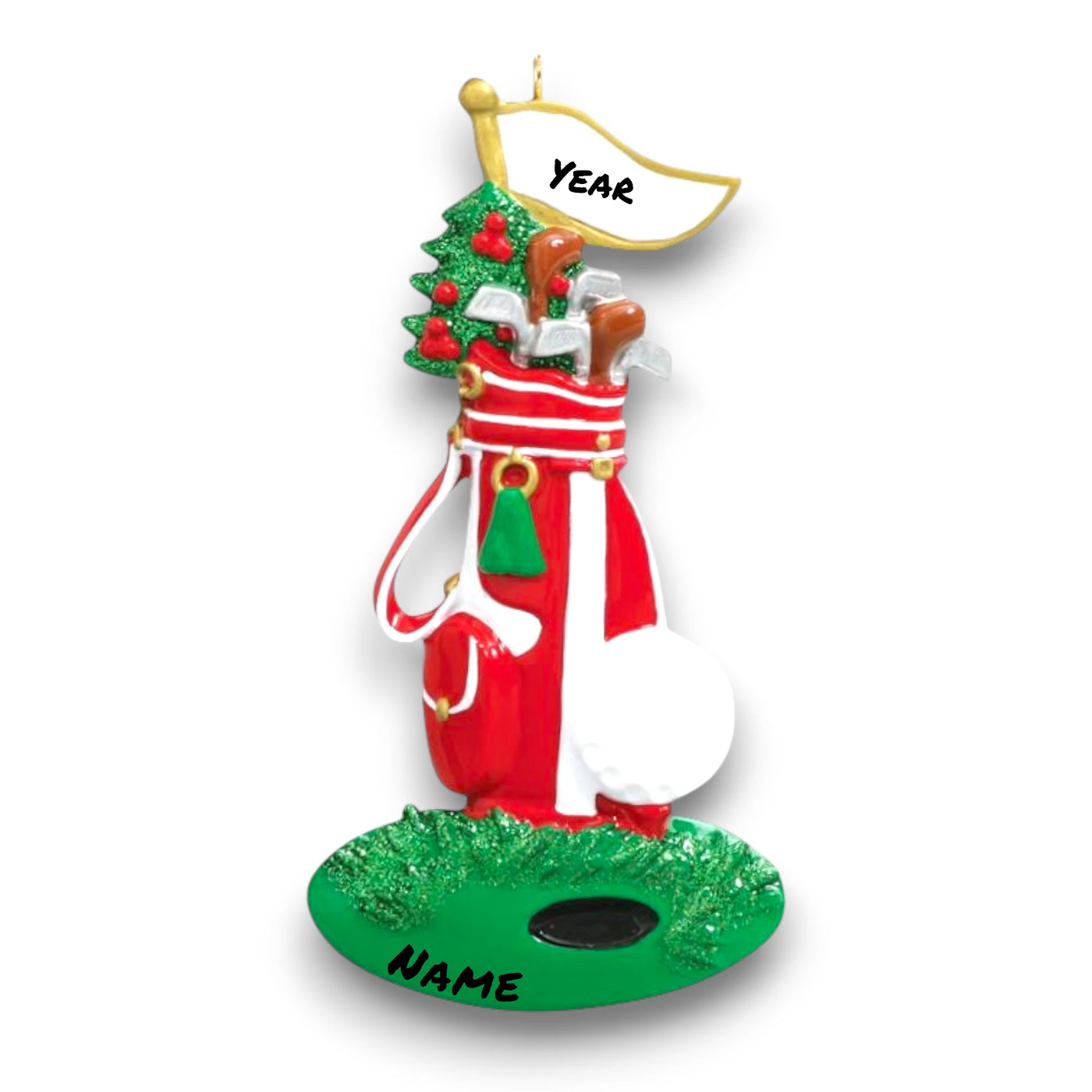 Personalized Golfer Christmas Ornament featuring a red golf bag, clubs, and a golf ball with customizable name and year.