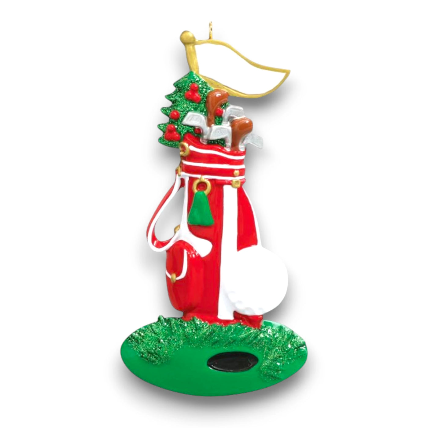 Personalized Golfer Christmas Ornament featuring a red golf bag, clubs, and a golf ball with customizable name and year.