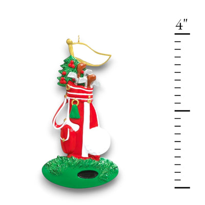 Personalized Golfer Christmas Ornament featuring a red golf bag, clubs, and a golf ball with customizable name and year.