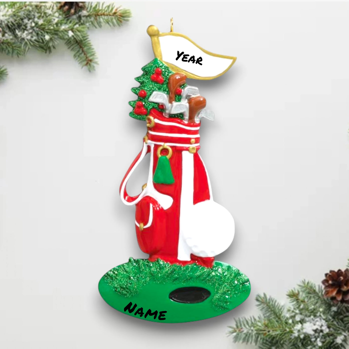 Personalized Golfer Christmas Ornament featuring a red golf bag, clubs, and a golf ball with customizable name and year.