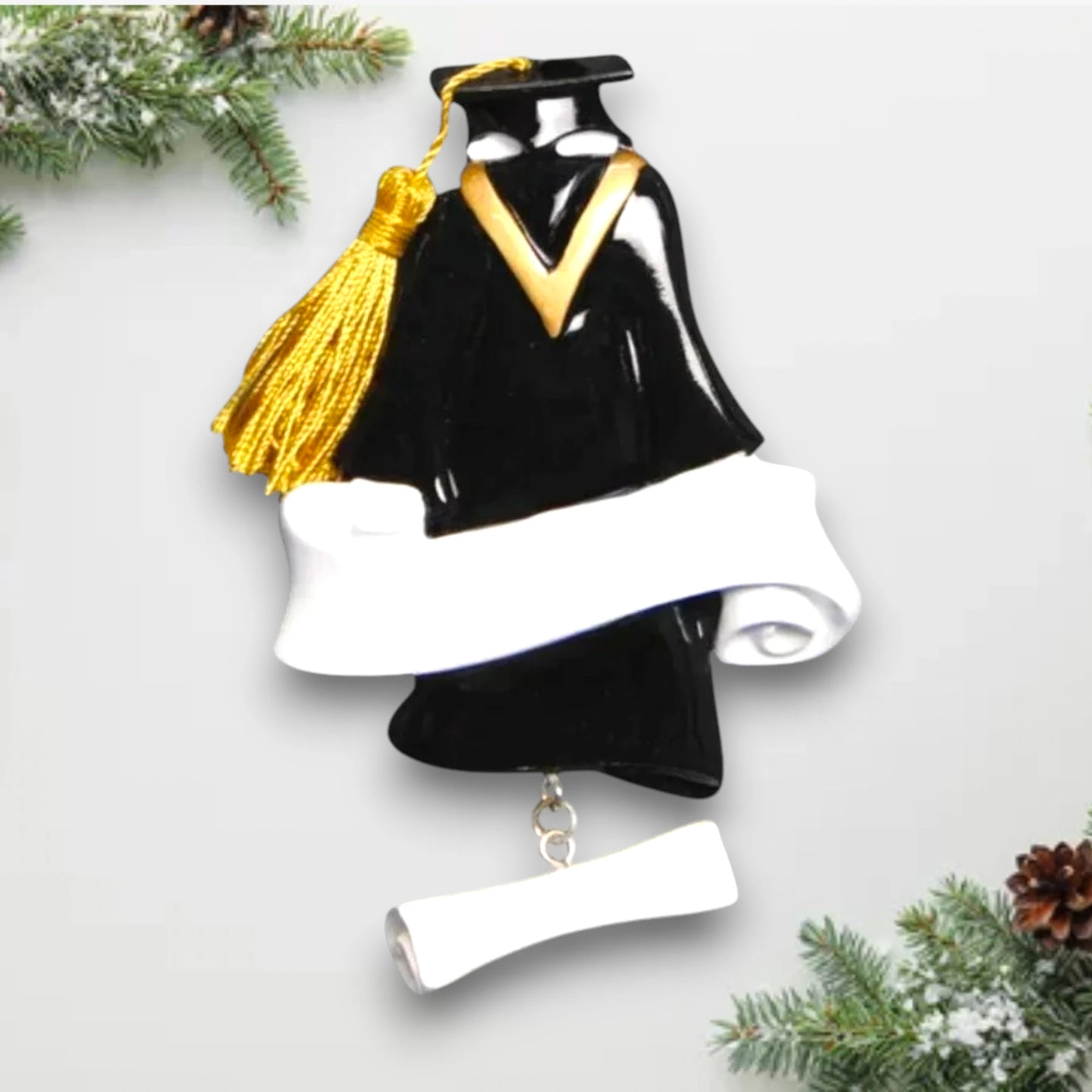 Personalized Grad Gown Christmas Ornament with customizable name and year, featuring a black graduation gown, gold tassel, and diploma charm.
