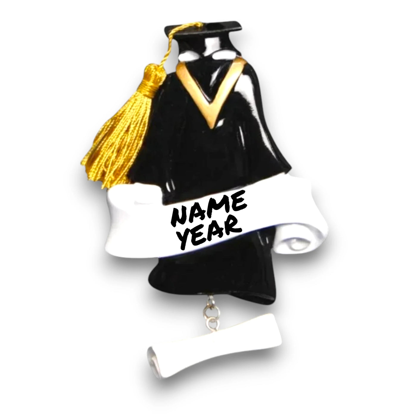 Personalized Grad Gown Christmas Ornament with customizable name and year, featuring a black graduation gown, gold tassel, and diploma charm.
