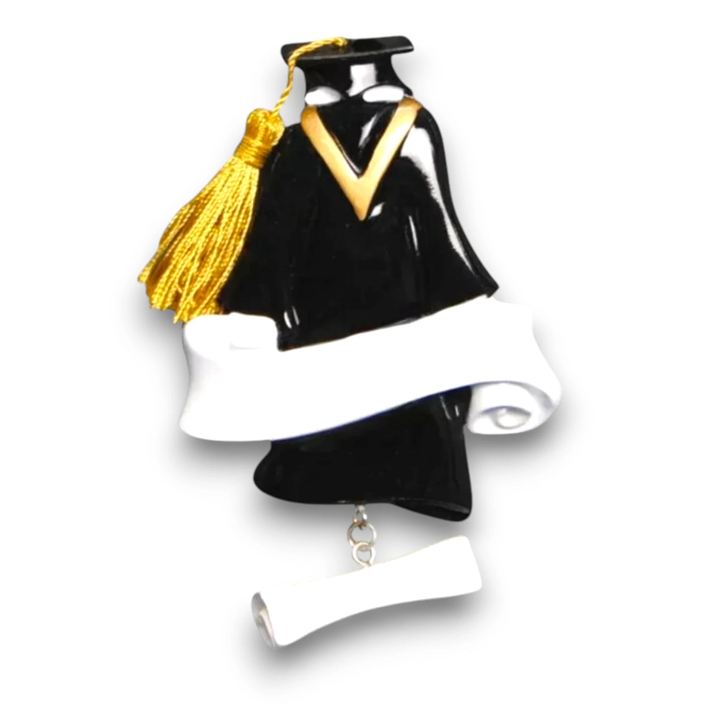 Personalized Grad Gown Christmas Ornament with customizable name and year, featuring a black graduation gown, gold tassel, and diploma charm.
