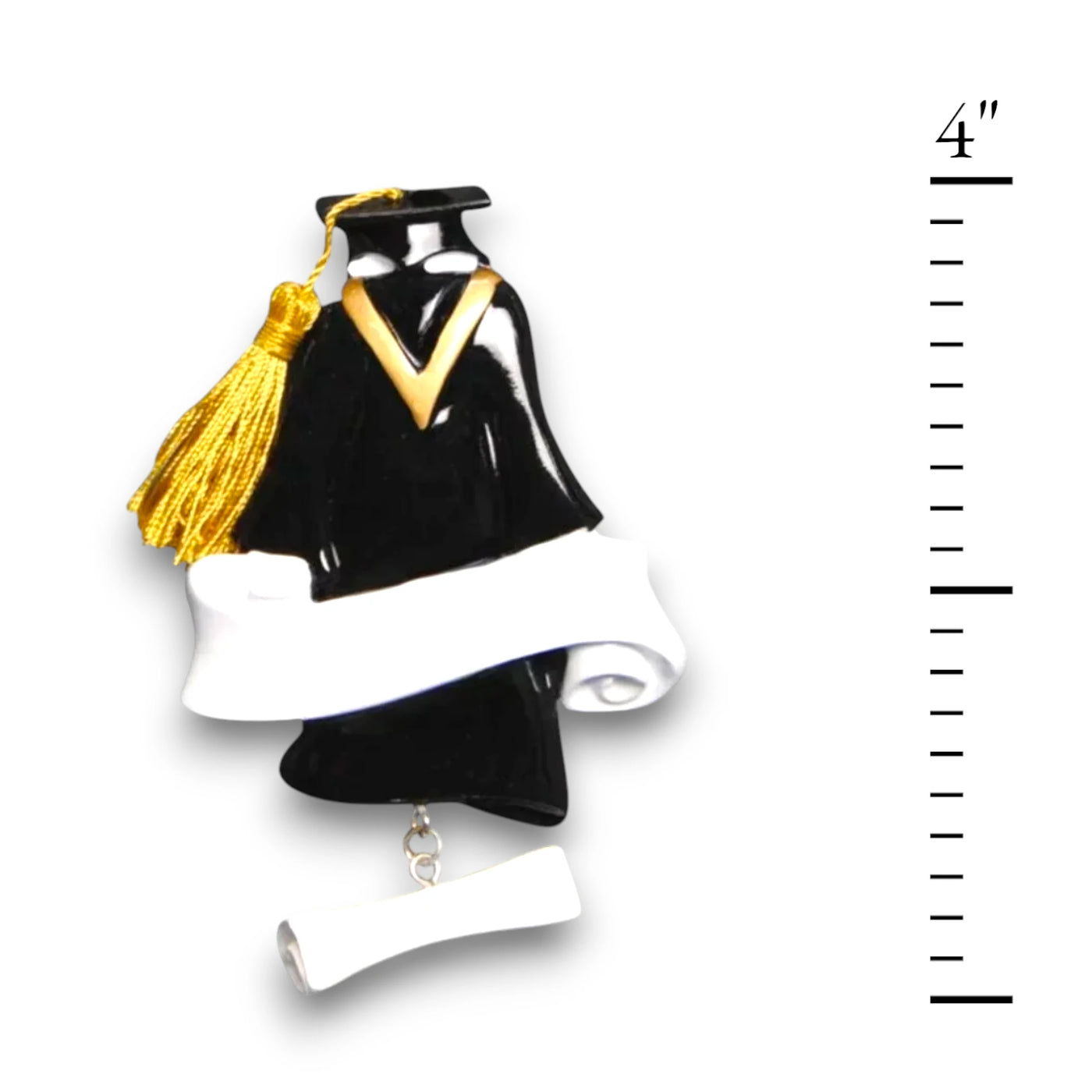 Personalized Grad Gown Christmas Ornament with customizable name and year, featuring a black graduation gown, gold tassel, and diploma charm.
