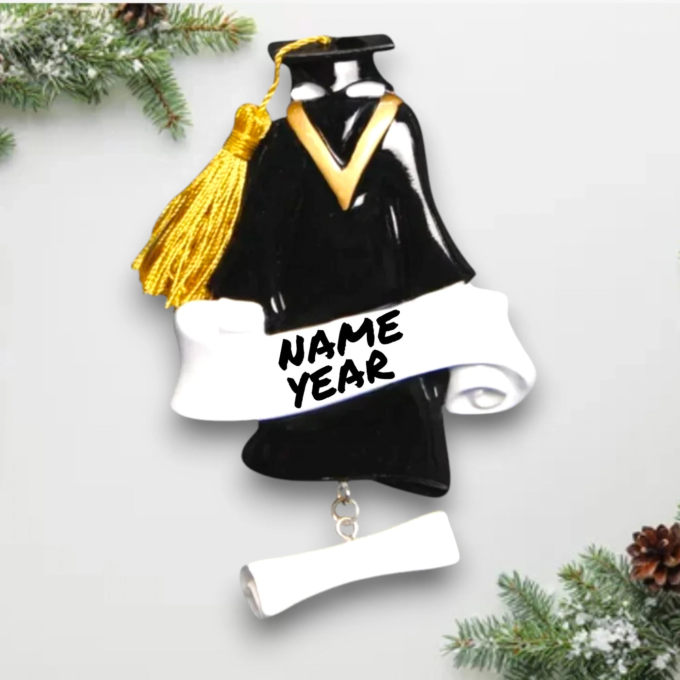 Personalized Grad Gown Christmas Ornament with customizable name and year, featuring a black graduation gown, gold tassel, and diploma charm.
