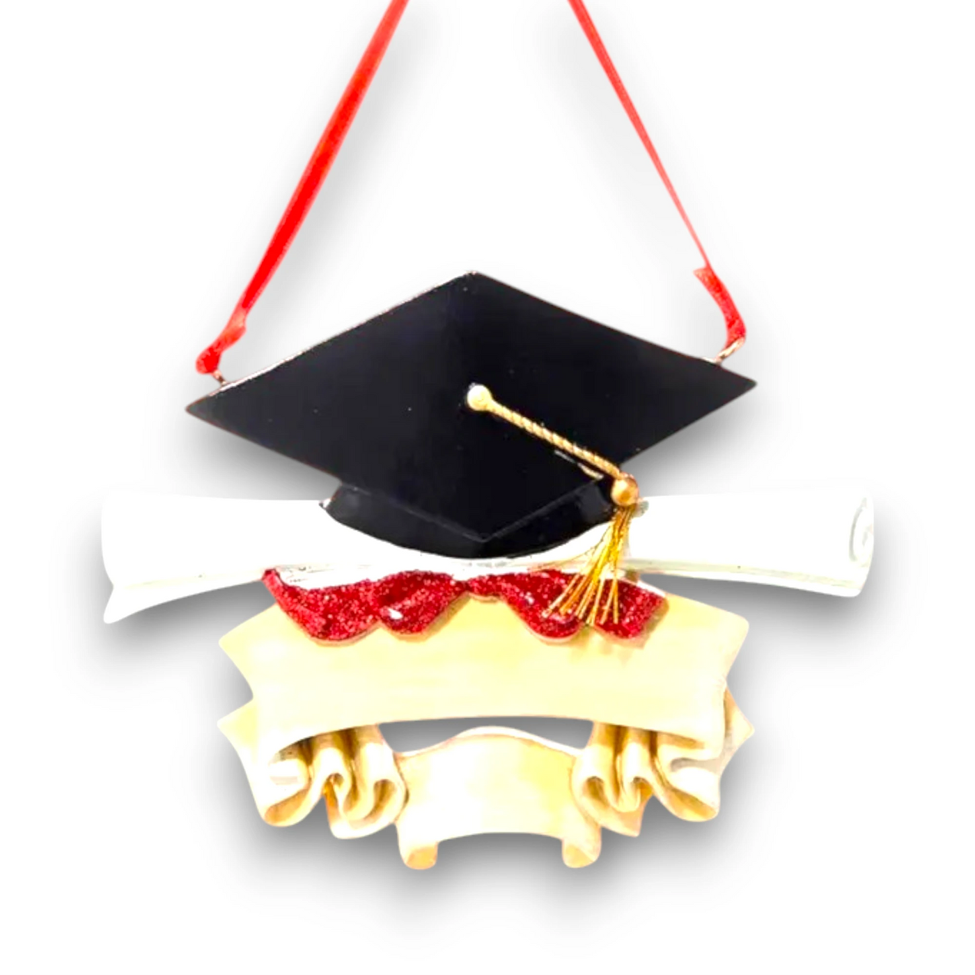 Personalized graduation ornament with a black mortarboard cap, gold tassel, diploma scroll, and customizable ribbon banner.
