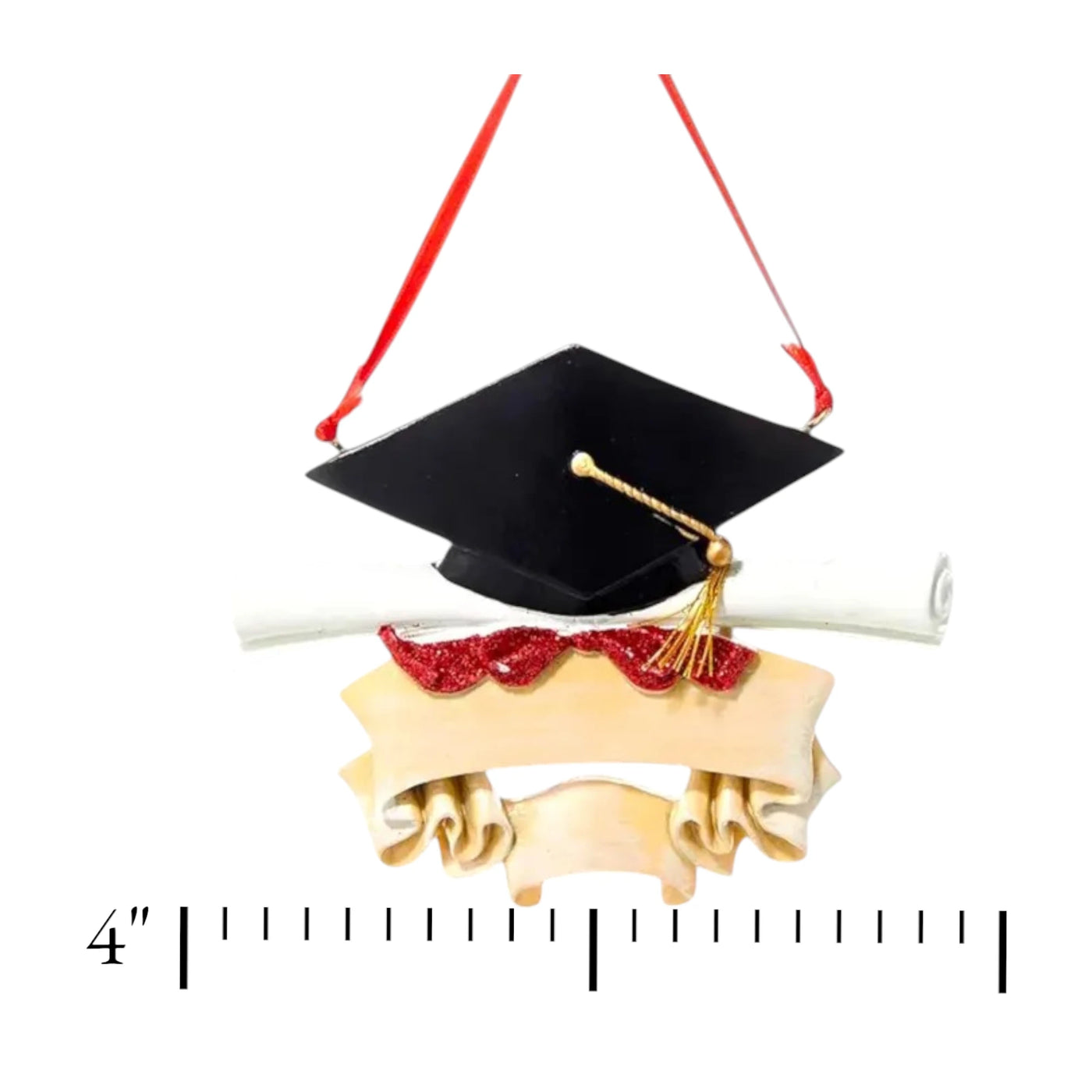 Personalized graduation ornament with a black mortarboard cap, gold tassel, diploma scroll, and customizable ribbon banner.

