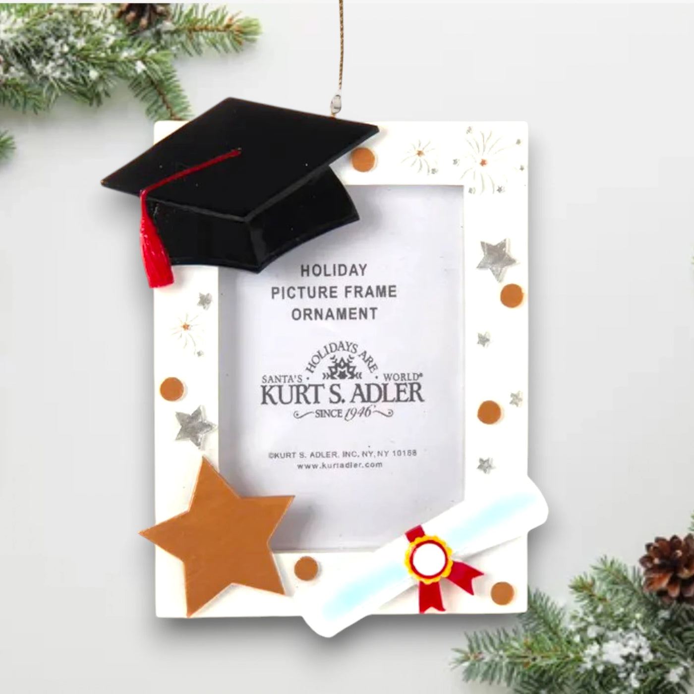 Personalized graduation picture frame ornament featuring a black mortarboard cap, diploma scroll, and star accents, with space for a photo and customizable banner.
