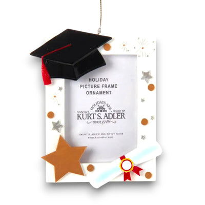 Personalized graduation picture frame ornament featuring a black mortarboard cap, diploma scroll, and star accents, with space for a photo and customizable banner.
