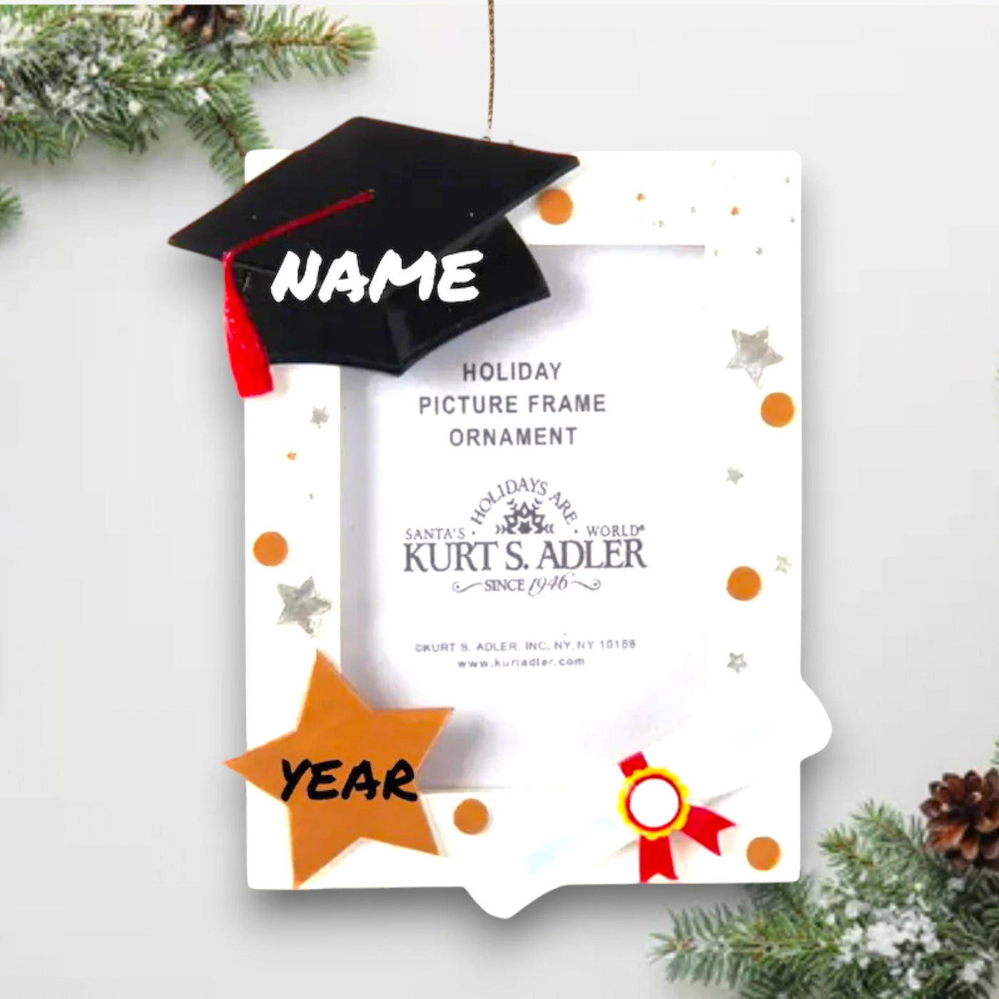 Personalized graduation picture frame ornament featuring a black mortarboard cap, diploma scroll, and star accents, with space for a photo and customizable banner.
