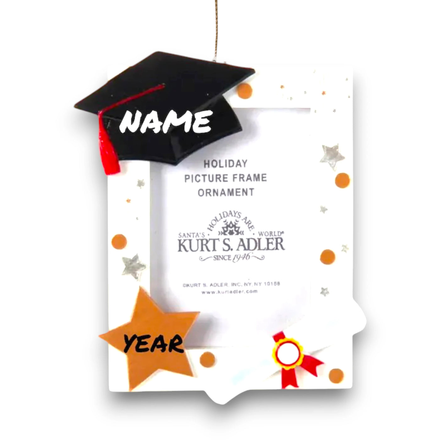 Personalized graduation picture frame ornament featuring a black mortarboard cap, diploma scroll, and star accents, with space for a photo and customizable banner.
