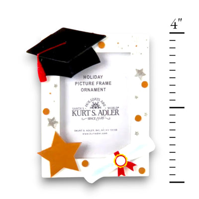 Personalized graduation picture frame ornament featuring a black mortarboard cap, diploma scroll, and star accents, with space for a photo and customizable banner.
