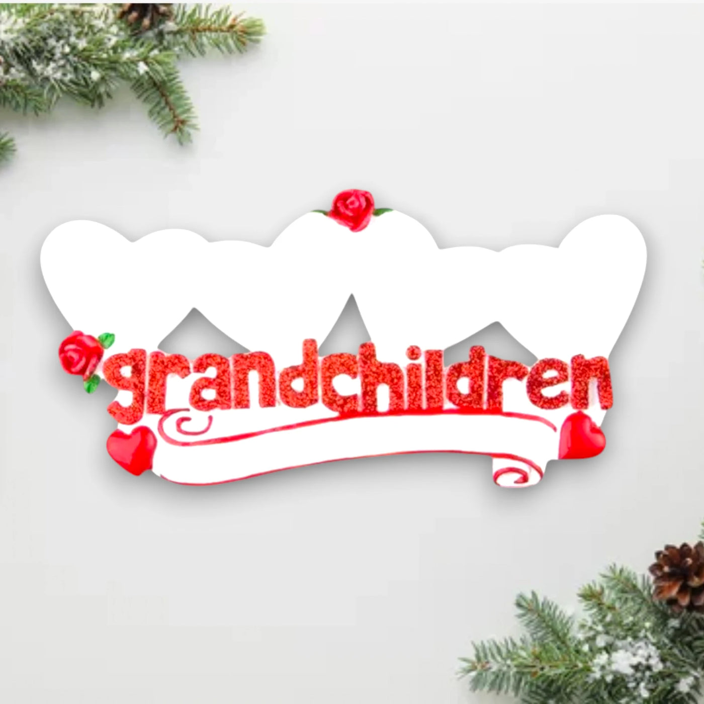 Personalized Grandchildren Keepsake Ornament with four hearts, red roses, and customizable names.