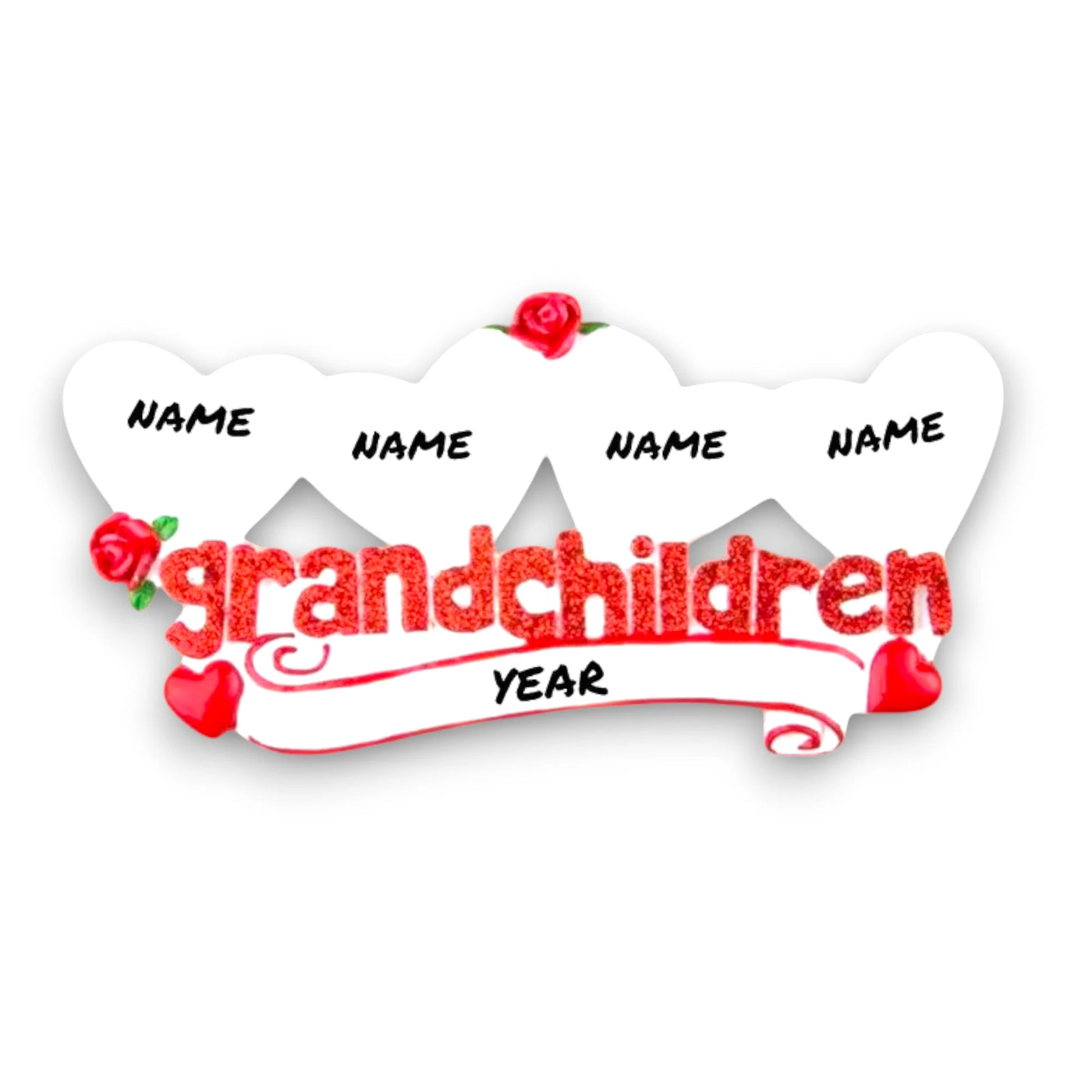 Personalized Grandchildren Keepsake Ornament with four hearts, red roses, and customizable names.