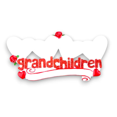 Personalized Grandchildren Keepsake Ornament with four hearts, red roses, and customizable names.