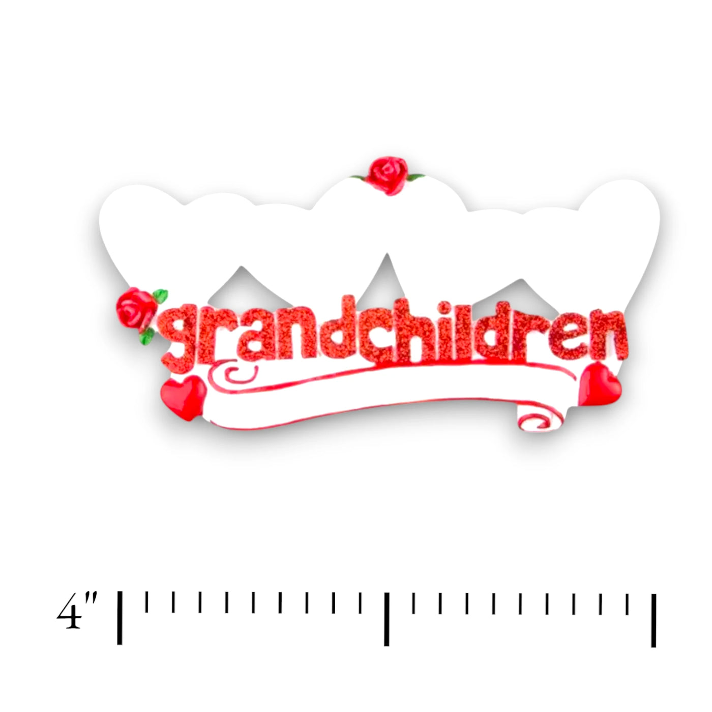 Personalized Grandchildren Keepsake Ornament with four hearts, red roses, and customizable names.