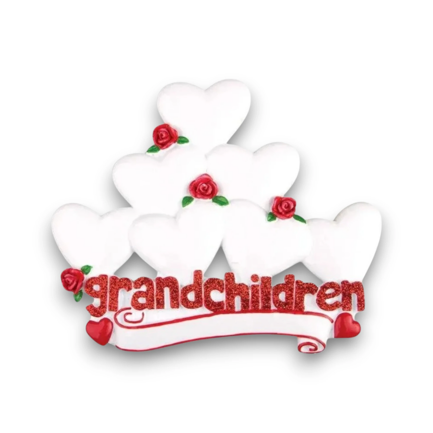  Personalized Grandchildren with Seven Hearts Christmas Ornament featuring customizable hearts with names, red roses, and “grandchildren” text.
