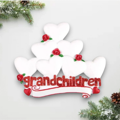  Personalized Grandchildren with Seven Hearts Christmas Ornament featuring customizable hearts with names, red roses, and “grandchildren” text.
