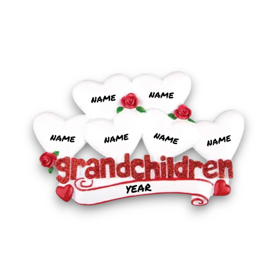  Personalized Grandchildren with Seven Hearts Christmas Ornament featuring customizable hearts with names, red roses, and “grandchildren” text.
